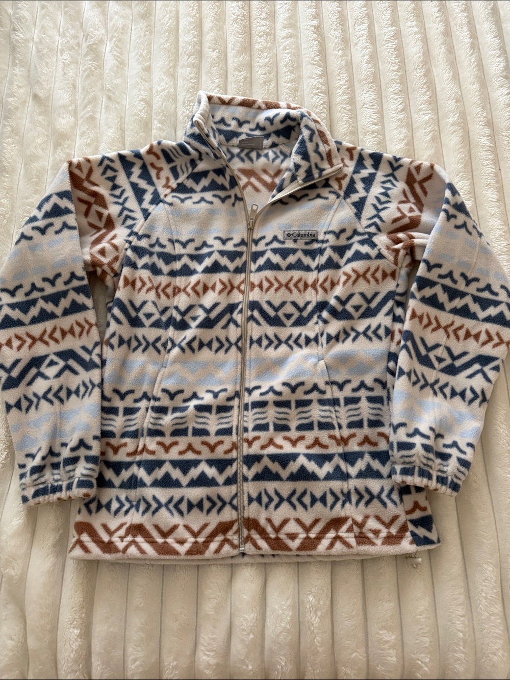 Columbia Full-Zip Patterned Fleece — Blue, Brown, Cream. Womens small